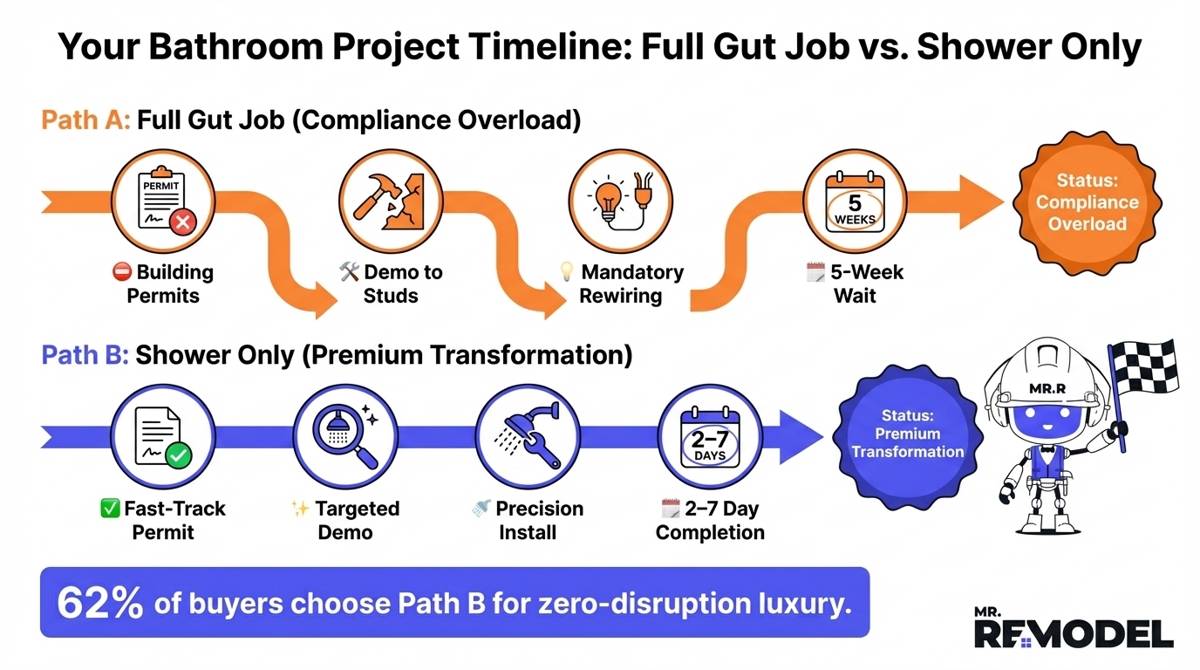 A construction timeline comparison showing that a shower-only remodel typically finishes in under 7 days and avoids complex code triggers, while a full remodel takes 5 weeks and requires extensive inspections.